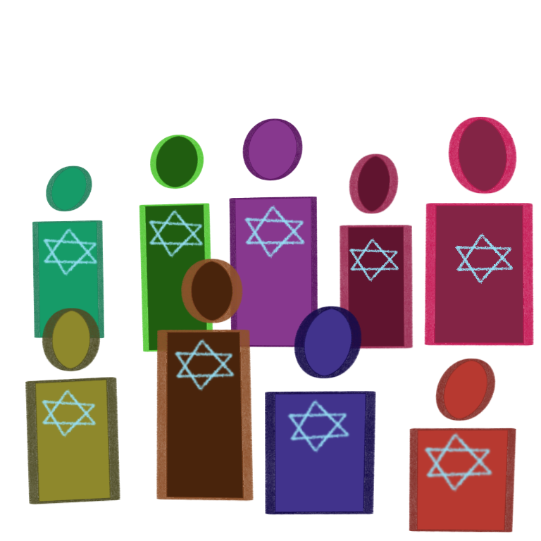 A simple drawing of nine figures. They all have rectangle bodies and circle heads as well as Magen Davids on their chest. The figure are of various sizes and colors.